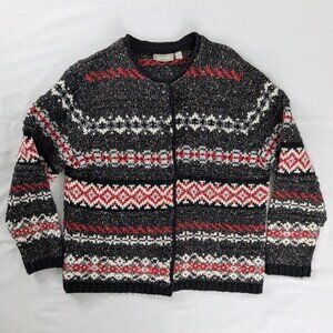 VTG Black Red Fair Isle Button Front Nordic Chunky Knit Cotton Wool Cardigan